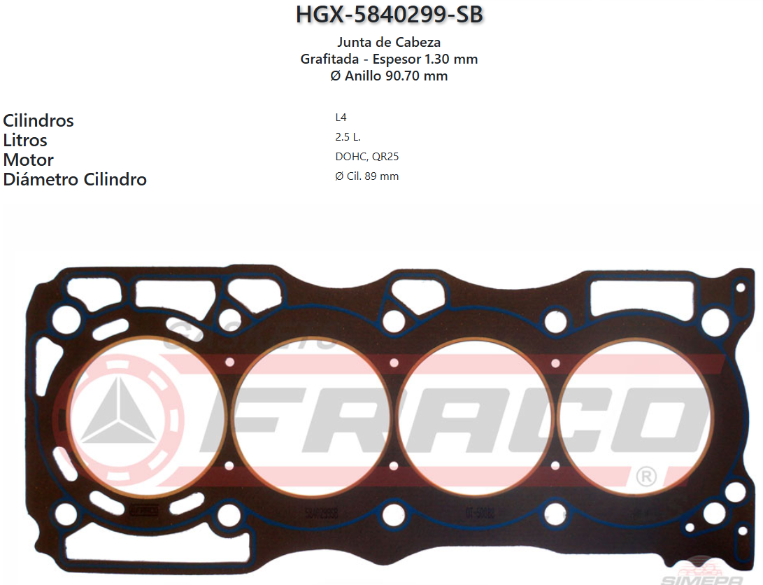 Imagen de HGX-5840299SB Nissan 4 Cil. 16V, DOHC, NP300,
