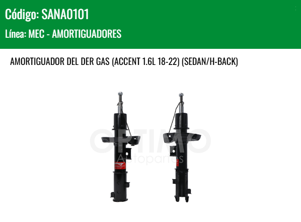 Imagen de SANA0101 AMORTIGUADOR DELANTERO DERECHO GAS KIA RIO 1.6L 18-23 ACCENT 1.6L 18-22 SEDAN HATCHBACK