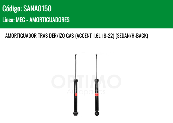 Imagen de SANA0150 AMORTIGUADOR TRASERO DER/IZQ KAI RIO 1.6L 2018-2023 ACCENT 1.6L 18-22 SEDAN HATCHBACK