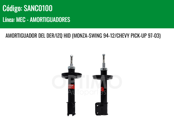 Imagen de SANC0100 AMORTIGUADOR DELANTERO DER/IZQ HIDRAULICO CHEVROLET CHEVY C-1 C-3 1.4L 1.6L  94-12