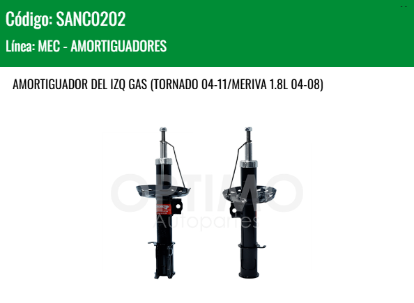 Imagen de SANC0202 AMORTIGUADOR DELANTERO IZQUIERDO CHEVROLET CORSA 1.4L 1.8L 2003-2008 TORNADO 04-11 MERIVA 1.8L 04-08