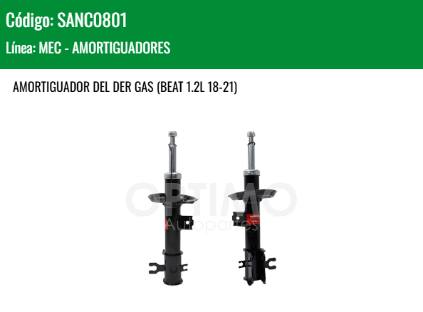 Imagen de SANC0801 AMORTIGUADOR DELANTERO DERECHO GAS CHEVROLET SPARK 1.2L 11-17 BEAT 1.2L 18-21