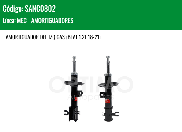 Imagen de SANC0802 AMORTIGUADOR DELANTERO IZQUIERDO GAS CHEVROLET SPARK 1.2L 2011-2017 BEAT 1.2L 18-21