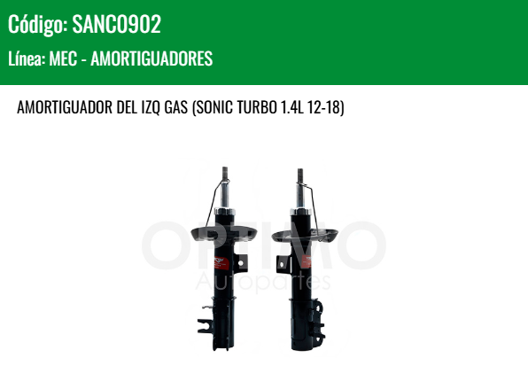 Imagen de SANC0902 AMORTIGUADOR DELANTERO IZQUIERDO GAS CHEVROLET SONIC TURBO 1.4L 12-18 SONIC 1.6L 2012-2018