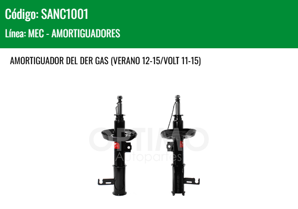 Imagen de SANC1001 AMORTIGUADOR DELANTERO DERECHO GAS CHEVROLET CRUZE 1.8L 10-15 VERANO 12-15 VOLT 11-15