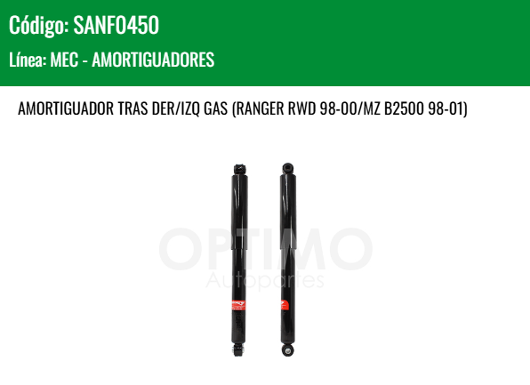Imagen de SANF0450 AMORTIGUADOR TRASERO DER/IZQ GAS FORD RANGER 2WD 2.3L 98-04 RANGER RWD 98-00 MAZDA B2500 98-01