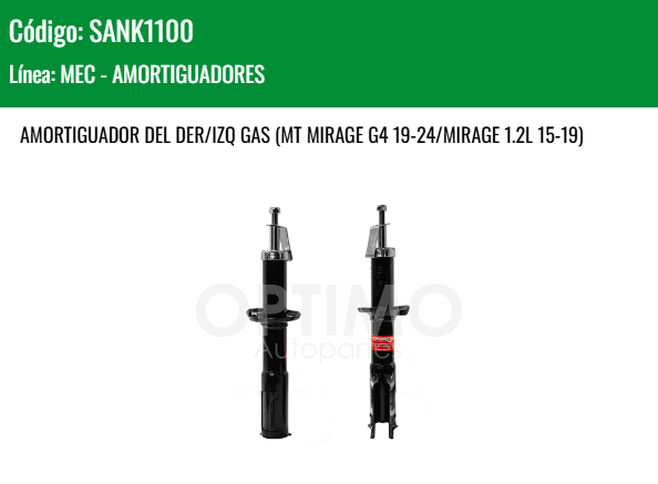 Imagen de SANK1100 AMORTIGUADOR DELANTERO DER/IZQ GAS CHRYSLER DODGE ATTITUDE 1.2L L4 15-24 MITSUBICHI MIRAGE 1.2L L4 15-19 MIRAGE G4 19-24