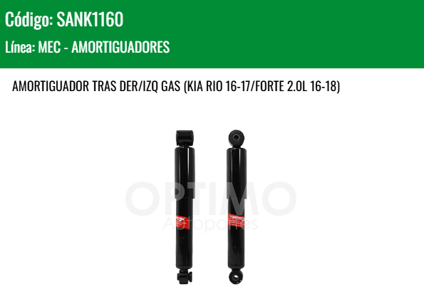 Imagen de SANK1160 AMORTIGUADOR TRASERO DER/IZQ GAS CHRYSLER  DODGE ATTITUDE 1.6L 2012-2014 KIA RIO 16-17 FORTE 2.0L 16-18