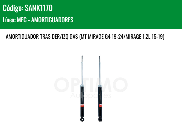 Imagen de SANK1170 AMORTIGUADOR TRASERO DER/IZQ GAS CHRYSLER DODGE ATTITUDE 1.2L 15-24 MITSUBICHI MIRAGE G4 19-24 MIRAGE 1.2L 15-19