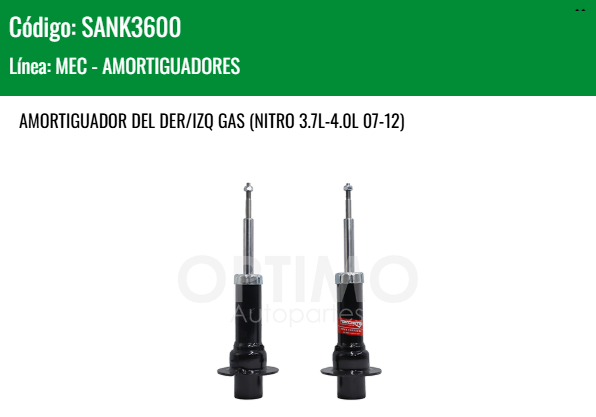 Imagen de SANK3600 AMORTIGUADOR DELANTERO DER/IZQ GAS CHRYSLER DODGE JEEP LIBERTY 2WD 4WD 3.7L 4.0L 02-13 NITRO 3.7L 4.0L 07-12