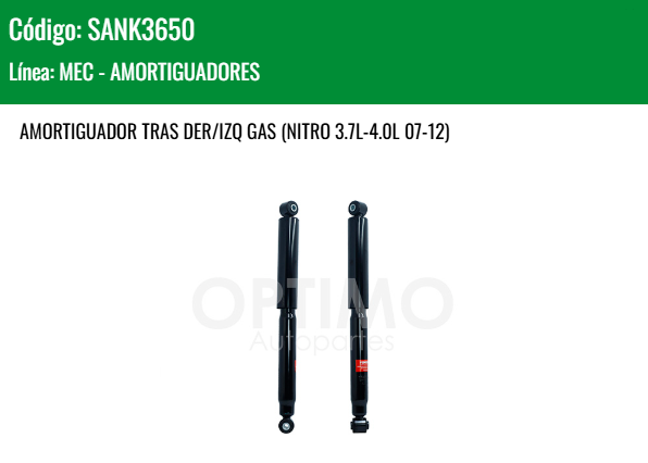 Imagen de SANK3650 AMORTIGUADOR TRASERO DER/IZQ GAS CHRYSLER DODGE JEEP LIBERTY 2WD 4WD 3.7L  4.0L 02-13 NITRO 3.7L 4.0L 07-12