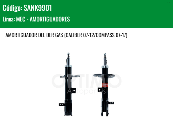Imagen de SANK9901 AMORTIGUADOR DELANTERO DERECHO GAS DODGE CALIBER 07-12 COMPASS 07-17 JEEP PATRIOT 2.0L 2.2L 2.4L 07-17