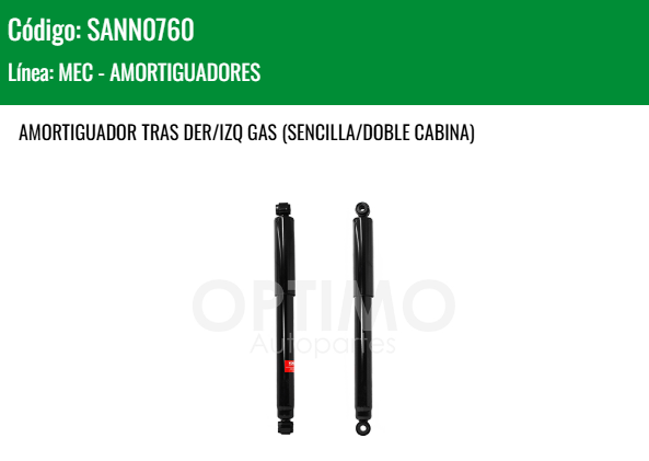 Imagen de SANN0760 AMORTIGUADOR TRASERO DER/IZQ GAS NISSAN NP300 FRONTIER D23 2WD 4WD 2.5L 16-25 CABINA SENCILLA DOBLE