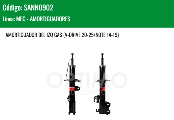 Imagen de SANN0902 AMORTIGUADOR DELANTERO IZQUIERDO GAS NISSAN VERSA 1.6L 12-19 V-DRIVE 20-25 NOTE 14-19