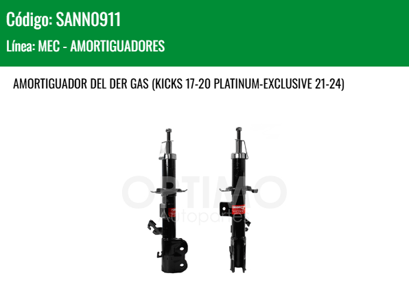 Imagen de SANN0911 AMORTIGUADOR DELANTERO DERECHO GAS NISSAN VERSA 1.6L 20-25 KICKS 17-20 PLATINUM EXCLUSIVE 21-24