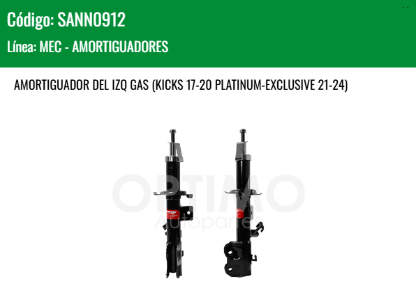 Imagen de SANN0912 AMORTIGUADOR DELANTERO IZQUIERDO GAS NISSAN VERSA 1.6L 20-25 KICKS 17-20 PLATINUM EXCLUSIVE 21-24
