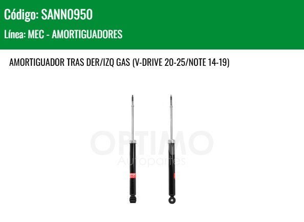 Imagen de SANN0950 AMORTIGUADOR TRASERO DER/IZQ GAS NISSAN VERSA 1.6L 12-19 V-DRIVE 20-25 NOTE 14-19