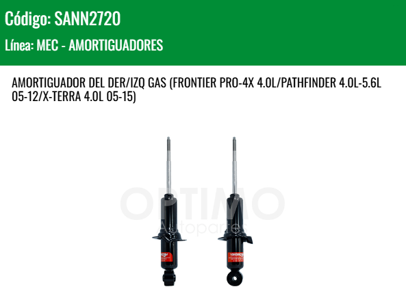Imagen de SANN2720 AMORTIGUADOR DELANTERO DER/IZQ GAS NISSAN FRONTIER 2WD 4WD 05-19 FRONTIER PRO-4X 4.0L PATHFINDER 4.0L 5.6L 05-12 X-TERRA 4.0L 05-15