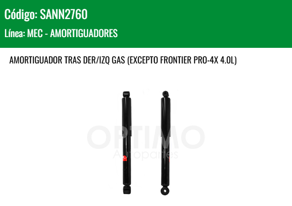 Imagen de SANN2760 AMORTIGUADOR TRASERO DER-IZQ NISSAN FRONTIER 2WD 4WD 05-19 EXCEPTO FRONTIER PRO-4X 4.0L