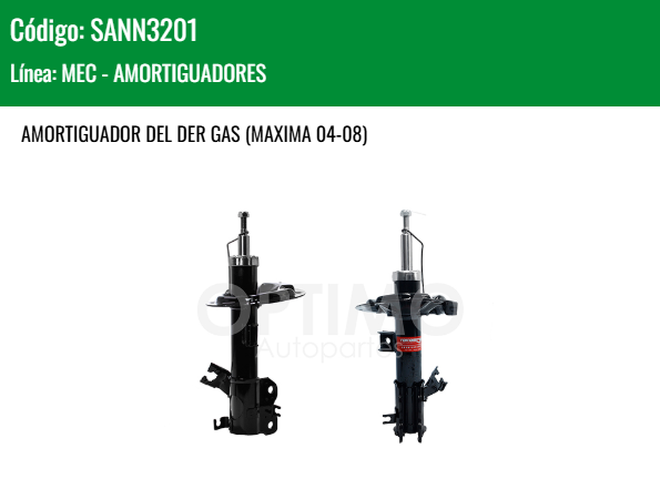 Imagen de SANN3201 AMORTIGUADOR DELANTERO DERECHO GAS NISSAN ALTIMA 2.5L 3.5L 02-06 MAXIMA 04-08