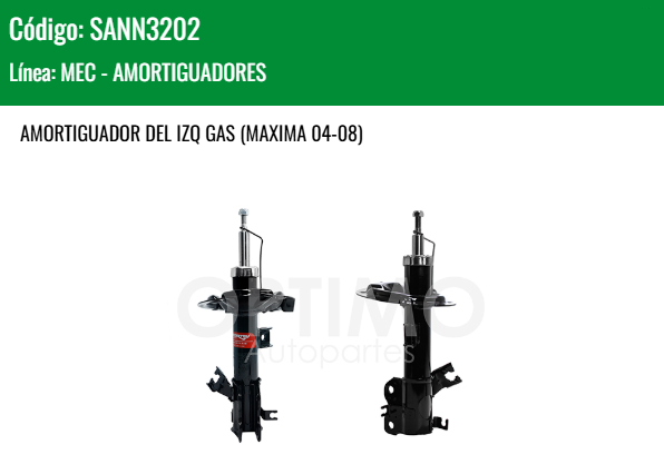 Imagen de SANN3202 AMORTIGUADOR DELANTERO IZQUIERDO GAS NISSAN ALTIMA 2.5L 3.5L 02-06 MAXIMA 04-08