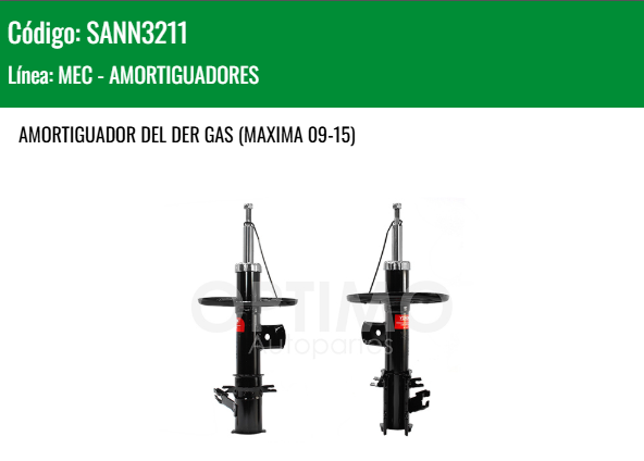 Imagen de SANN3211 AMORTIGUADOR DELANTERO DERECHO GAS NISSAN ALTIMA 2.5L 3.5L 07-12 MAXIMA 09-15