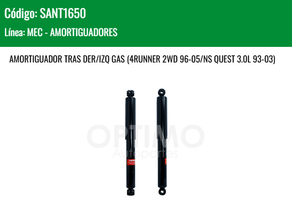 Imagen de SANT1650 AMORTIGUADOR TRASERO DER-IZQ TOYOTA TACOMA 2WD 2.4L 2.7L 95-04 4RUNNER 2WD-96-05 NISSAN QUEST 3.0L 93-03