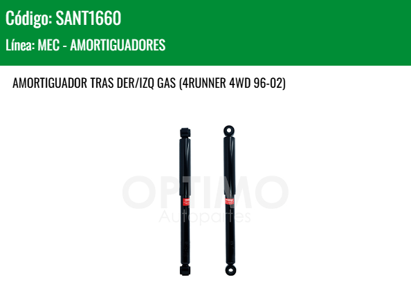 Imagen de SANT1660 AMORTIGUADOR TRASERO DER-IZQ GAS TOYOTA TACOMA 4WD 2.7L 3.4L 95-04 4RUNNER 4WD 96-02