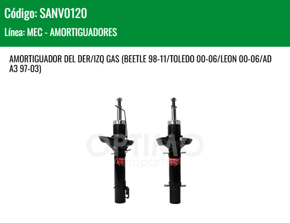 Imagen de SANV0120 AMORTIGUADOR DELANTERO DER/IZQ VW JETTA GOLF A4 1.8L 2.0L 99-07 BEETLE 98-11 TOLEDO 00-06 LEON 00-06 AUDI A3 97-03