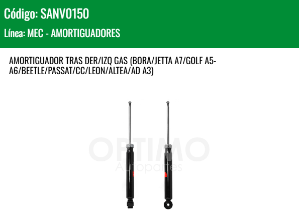 Imagen de SANV0150 AMORTIGUADOR TRASERO DER/IZQ  GAS VW JETTA A6 BICENTENARIO 2.5L 10-18 BORA JETTA A7 GOLF A5 A6 BEETLE PASSAT LEON AUDI A3