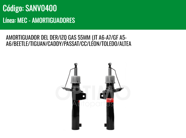 Imagen de SANV0400 AMORTIGUADOR DELANTERO DER-IZQ GAS VW BORA 2.0L 2.5L 06-10 55MM JETTA A6 A7 BEETLE TIGUAN PASSAT CC LEON TOLEDO ALTEA