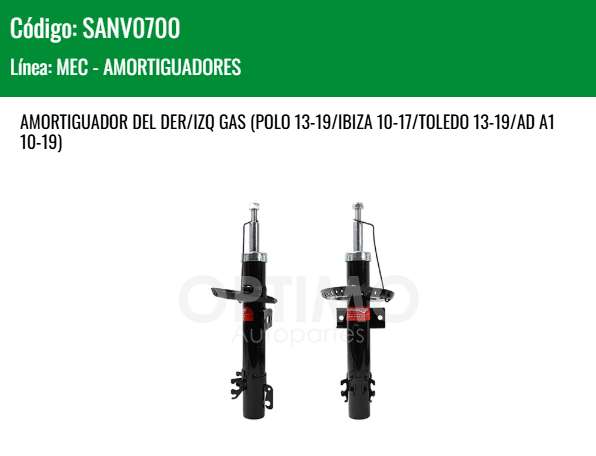 Imagen de SANV0700 AMORTIGUADOR DELANTERO DER-IZQ GAS VW VENTO 1.6L 14-22 POLO 13-19 IBIZA 10-17 TOLEDO 13-19 AUDI A110-19