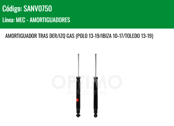 Imagen de SANV0750 AMORTIGUADOR TRASERO DER-IZQ GAS VW VENTO 1.6L 14-22 POLO 13-19 IBIZA 10-17 TOLEDO 13-19