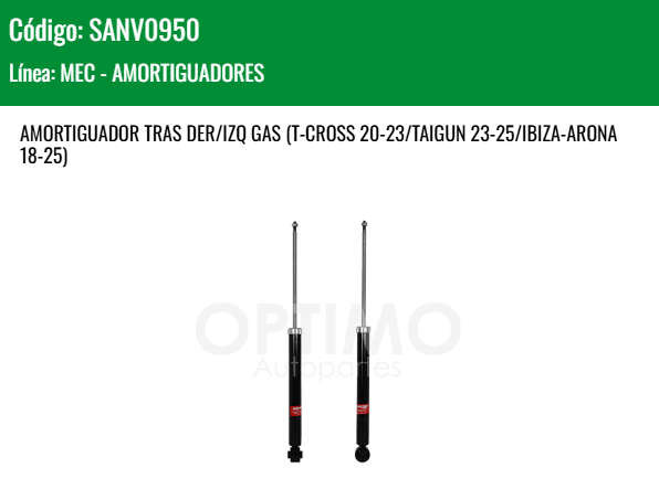 Imagen de SANV0950 AMORTIGUADOR TRASERO DER-IZQ GAS VW VIRTUS 1.6L 20-25 T-CROSS 20-23 TAIGUN 23-25 IBIZA ARONA 18-25