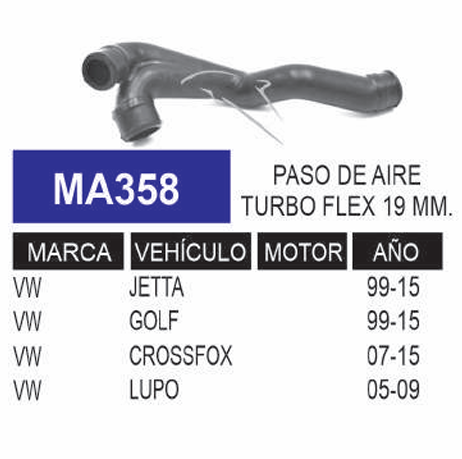 Imagen de MA358 MANGUERA PASO DE AIRE TURBO FLEX 19MM VOLKSWAGEN CROSSFOX 07-15 GOLF 99-15 JETTA 99-15 LUPO 05-09