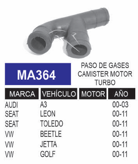 Imagen de MA364 MANGUERA PASO DE GASES CAMISTER MOTOR TURBO AUDI A3 00-03SEAT LEON TOLEDO 00-11 VOLJSWAGEN BEETLE GOLF JETTA 00-11