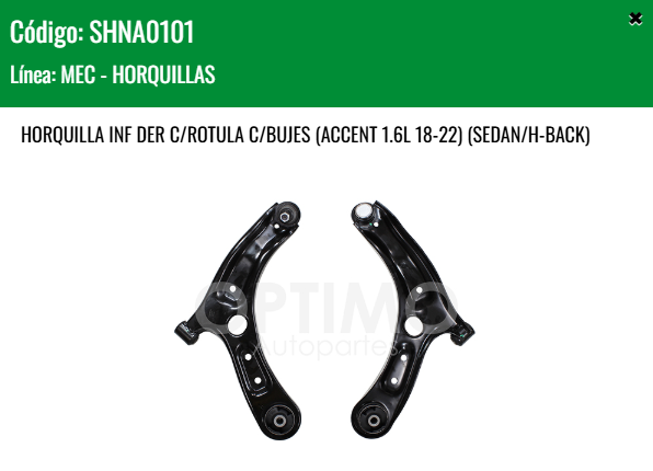 Imagen de SHNA0101 HORQUILLA INFERIOR DERECHA C/ROTULA C/BUJES KIA RIO 1.6L HYUNDAI ACCENT 1.6L 18-22 SEDAN HATCHBACK