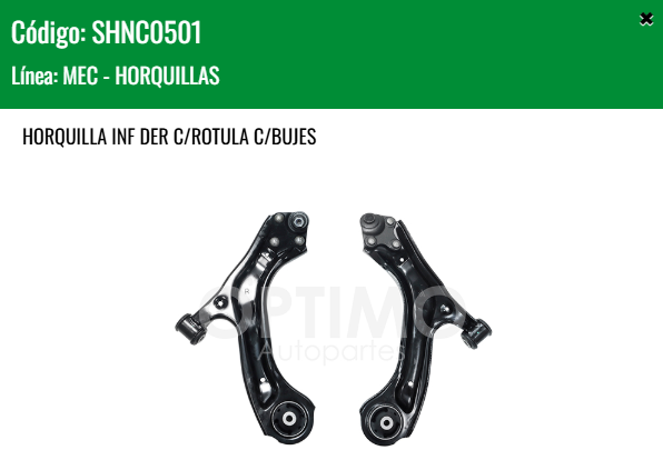 Imagen de SHNC0501 HORQUILLA INFERIOR DERECHA C/ROTULA C/BUJES CHEVROLET ONIX 1.0L 1.2L 20 - 25