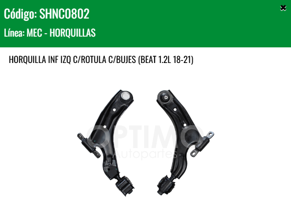 Imagen de SHNC0802 HORQUILLA INFERIOR IZQUIERDA C/ROT C/BUJES CHEVROLET BEAT 18-20 SPARK 11-15