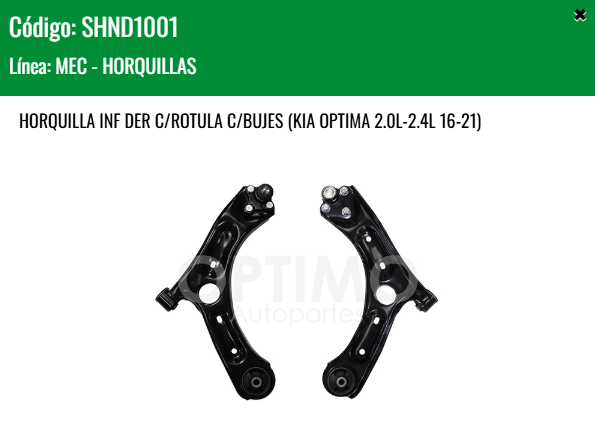 Imagen de SHND1001 HORQUILLA INFERIOR DERECHA C/ROTULA C/BUJES HYUNDAI SONATA 2.0L 2.4L  KIA OPTIMA 2.0L 2.4L 16-21