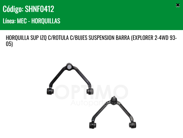 Imagen de SHNF0412 HORQUILLA SUPERIOR IZQUIERDA C/ROTULA C/BUJES SUSPENSION BARRA RANGER 2WD 4WD 98-12 EXPLORER 2WD 4WD 93-05