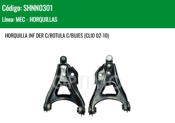 Imagen de SHNN0301 HORQUILLA INFERIOR DERECHA C/ROTULA C/BUJES NISSAN PLATINA 1.6L 02-10 CLIO 02-10
