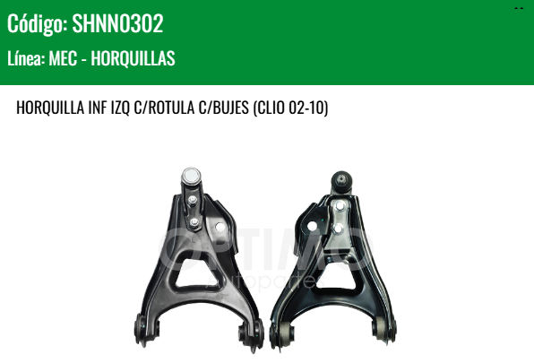 Imagen de SHNN0302 HORQUILLA INFERIOR IZQUIERDA C/ROTULA C/BUJES NISSAN PLATINA 1.6L 02 - 10 CLIO 02-10