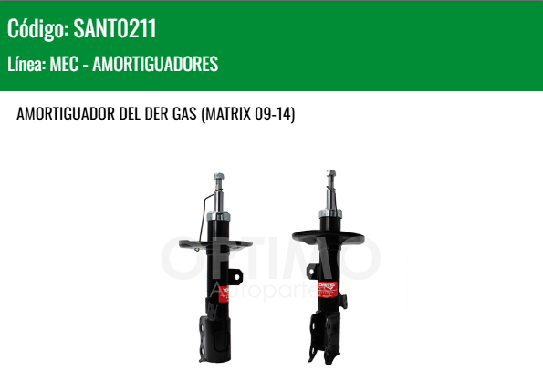 Imagen de SANT0211 AMORTIGUADOR DELANTERO DERECHO GAS TOYOTA COROLLA 1.8L 2.4L 09-13 MATRIX 09-14