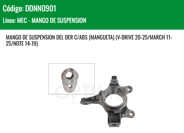 Imagen de DDNN0901 MANGUETA DE SUSPENSION DELANTERA DERECHA C/ABS VERSA 1.6L 12-19 V-DRIVE 20-25 MARCH 11-25 NOTE 14-19
