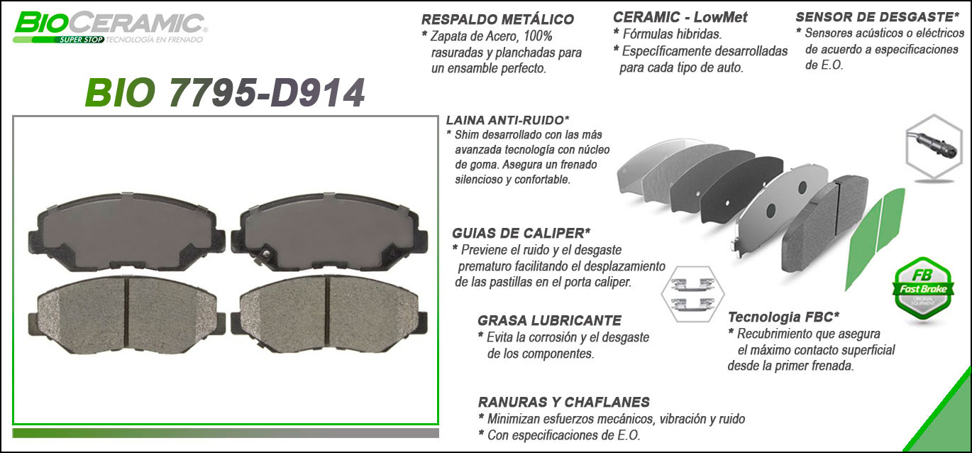 Imagen de BIO-7795-D914 BALATA FRENO DE DISCO DELANTERA HONDA ACCORD (04-07) (11-17) - CIVIC (13-22) - CR-V (02-06) (12-16)