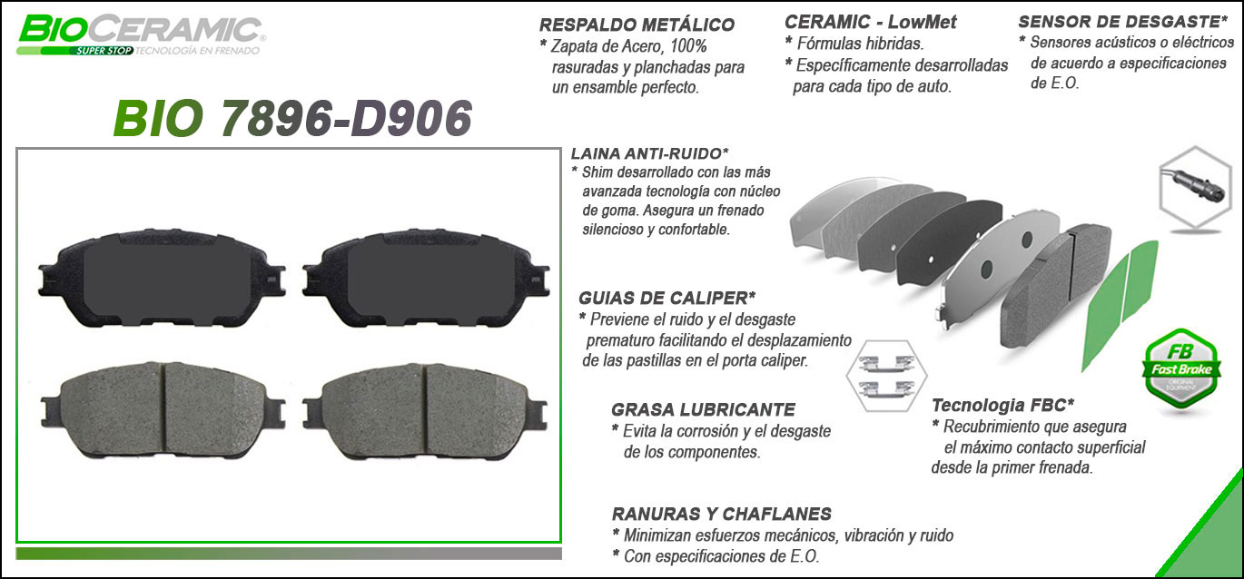 Imagen de BIO-7896-D906 BALATA FRENO DE DISCO DELANTERA TOYOTA AVALON (05-07) - CAMRY (05-07) - SIENNA (04-10) - SOLARA (04-08) - TACOMA (05-15)
