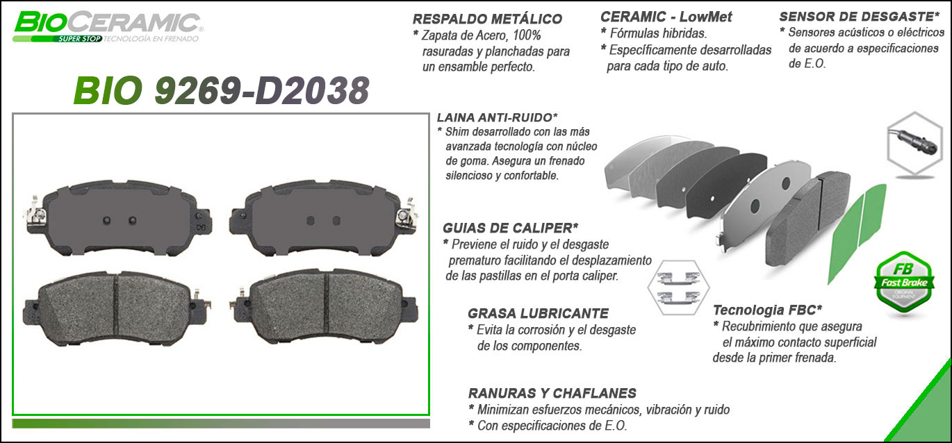 Imagen de BIO9269-D2038 BALATA FRENO DE DISCO DELANTERA NISSAN KICKS (2017) - NEW VERSA ( 2020)