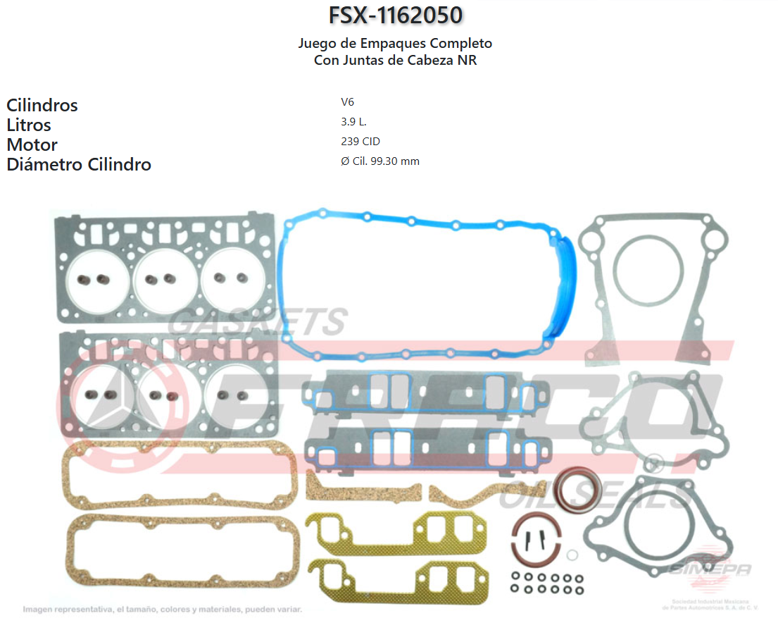 Imagen de FSX-1162050 JUEGO EMPAQUES DODGE DAKOTA RAM 1500 3.9L V6 239 CID 12V 92-03