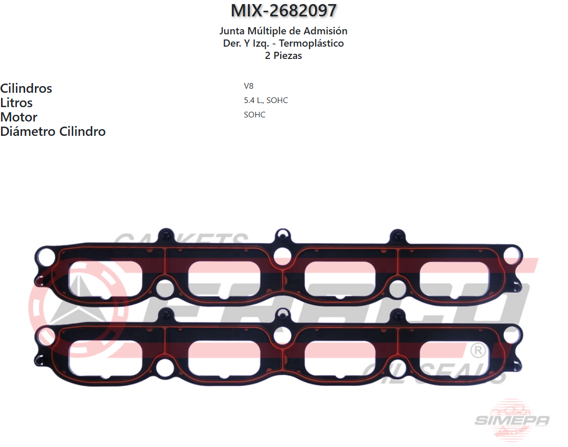 Imagen de MIX-2682097 EMPAQUE MULTIPLE ADMISION TERMOPLASTICO FORD EXPEDITION F150 F250 F350 SUPERDUTY 5.4L V8 SOHC 24V 04-14